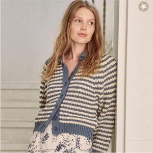 The Great. The Mini Collar Cardigan in Blue and Cream. Size 0.